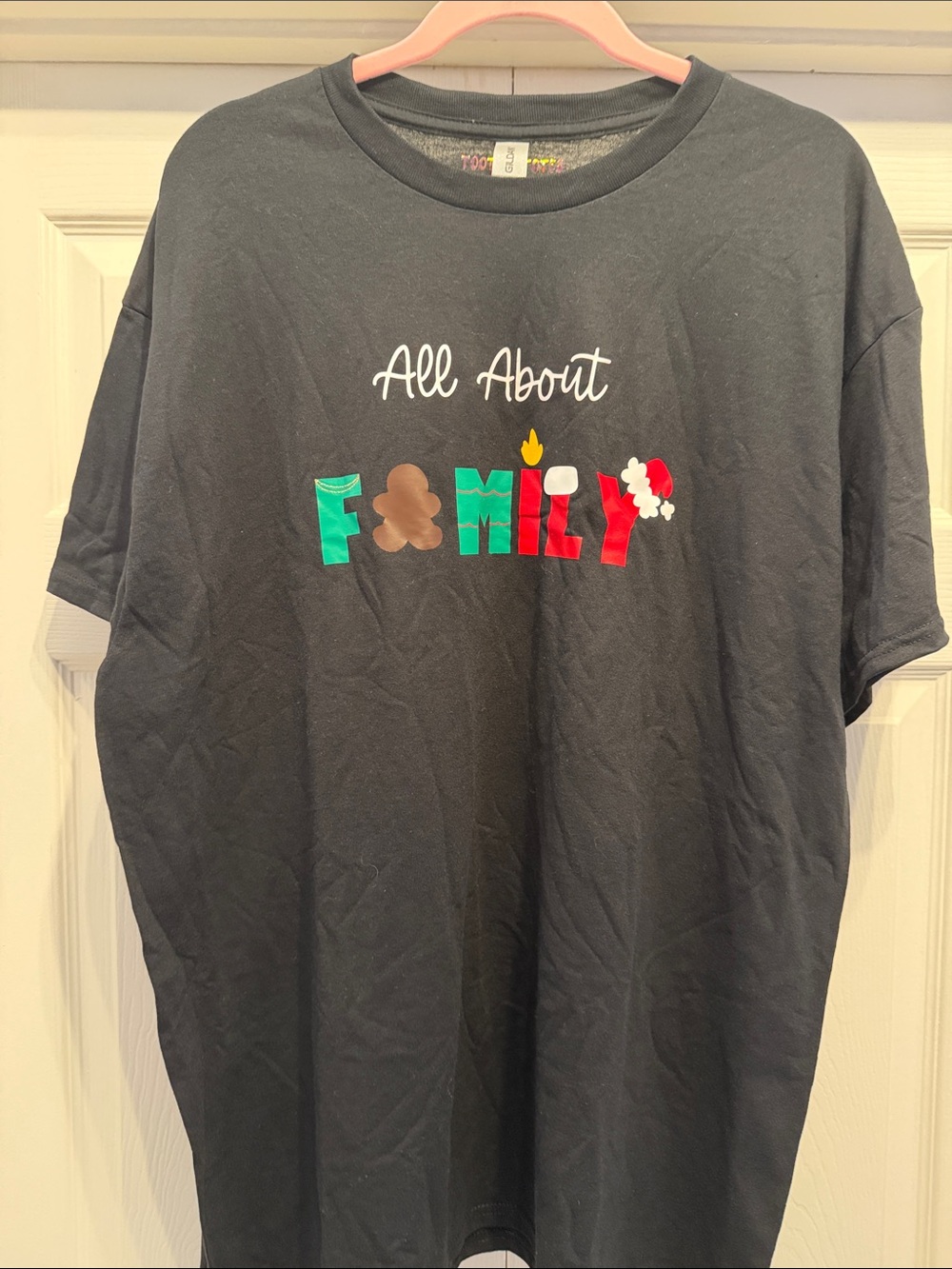 Gildan Black Short-Sleeve Tee with Multicolor 'All About Family' Graphic